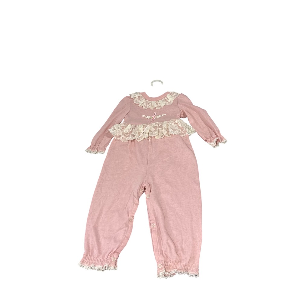 Little Precious Vintage Pink Lace Ruffle Romper Long Sleeve Cottage Core 24M
